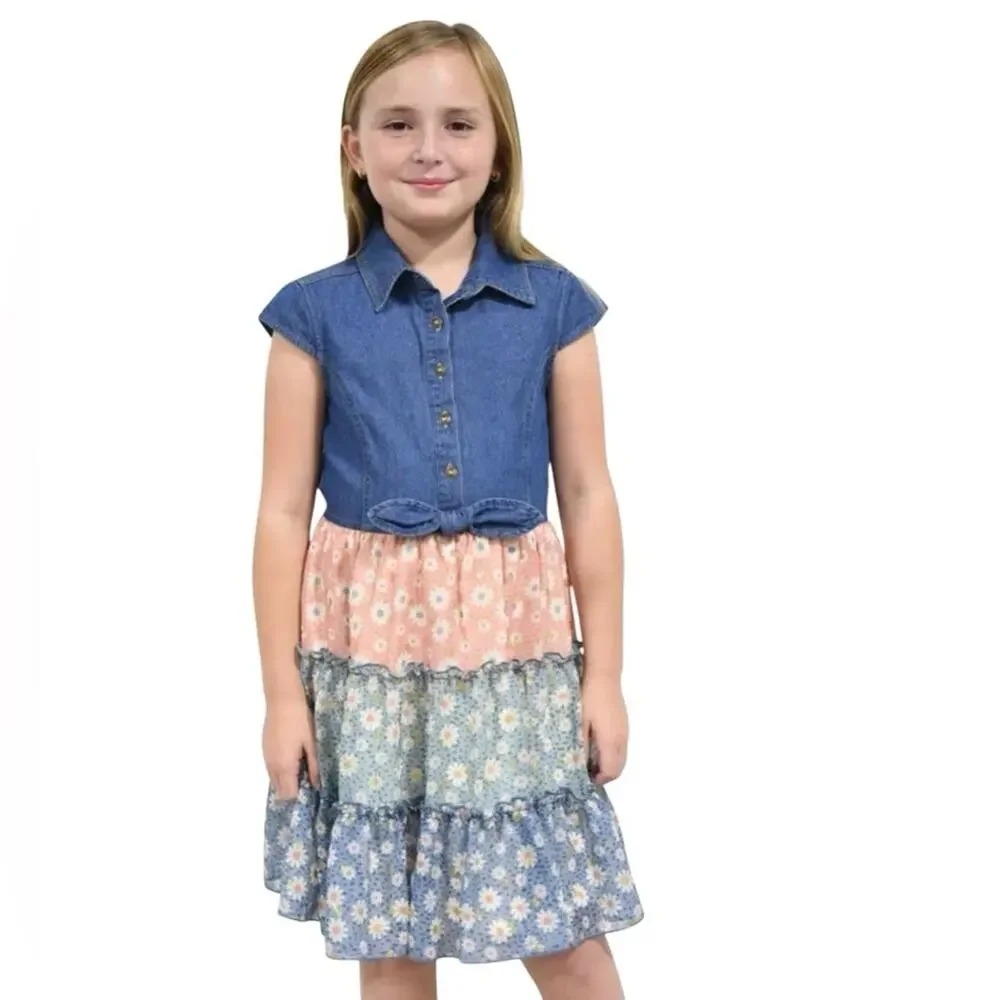 Zunie Girls Denim Daisy Floral Tiered Dress Size XS NWT